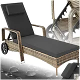 tectake Poly Rattan Gartenliege mit Rollen, 6-Fach höhenverstellbarer Liegestuhl, bis 120kg belastbar, Sonnenliege Rattan (wetterfest), Liege inkl. Polster und Kissen - Natur/dunkelgrau