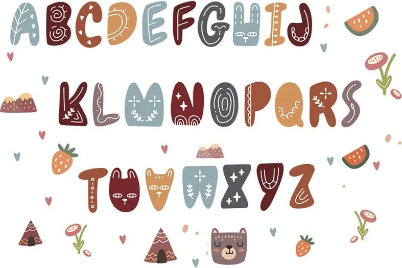 Mehrfarbige Cartoon-Buchstaben-Wandaufkleber, abziehbare und wiederverwendbare dekorative Wandsticker, geeignet für die Dekoration von Wohnzimmern, Kinderzimmern und Spielzimmern, braun