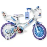 Dino Bikes – 14 Zoll Kinderfahrrad Eiskönigin – Mädchen Fahrrad mit abnehmbaren Stützrädern ab 3 Jahren – Kinderrad mit Frontkorb & Puppenträger – verstellbare Sattel- & Lenkerhöhe (Weiß-Blau)