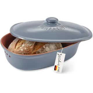 Römertopf Brottopf aus natürlicher Keramik, ideal für die Aufbewahrung von Brot und Gebäck 30x21x14.5cm blau-grau