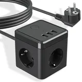 Steckdosenleiste Würfel USB, Mehrfachsteckdose Cube 3Fach Steckdose 3 USB mit Schalter, 2500W/16A, Steckerleiste mit 2m Verlängerungskabel, Steckdose Kindersicherung für Büro, Hause, Schwarz