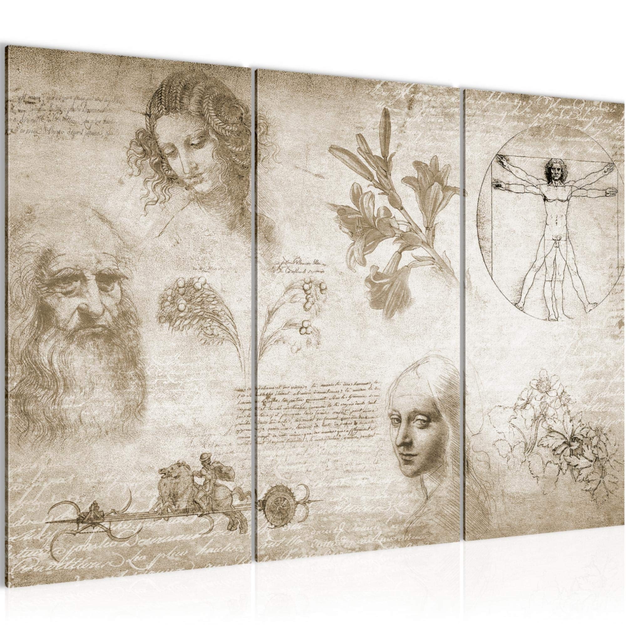Runa Art Wandbilder Leonardo Da Vinci Bild XXL Wohnzimmer Schlafzimmer Biege Skizze Renaissance 120 x 80 cm 3 Teilig 700431a