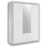 Stella Trading STONE Eleganter Kleiderschrank mit viel Stauraum & Spiegeltür - Vielseitiger Drehtürenschrank in Beton-Optik & Weiß - 151 x 198 x 55 cm (B/H/T)