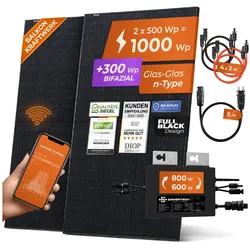 Solarway® 1000W Balkonkraftwerk 800W komplett Steckdose - neuester 800 Watt Wechselrichter - Solaranlage Komplettset - 500W bifaziale Solarmodule & Envertech & Zubehör