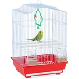 Relaxdays Vogelkäfig mit Zubehör, HxBxT: 49,5 x 35 x 32 cm, Käfig für Wellensittiche & Kanarienvögel, hellblau/rot