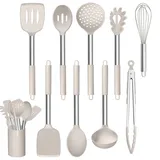 Homikit 10 Stück Küchenhelfer Set, Silikon Küchenutensilien Kochbesteck mit Edelstahlgriff, Antihaft Kochutensilien Set mit Utensilienhalter - Khaki