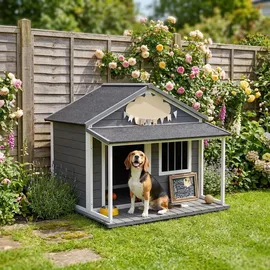 PawHut Hundehütte aus Holz Kleintierhaus Hundehaus mit Terrasse für draußen