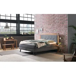 Boxspringbett HASENA "Oakland", schwarz (anthrazit, metall used), B:184cm L:206cm, Komplettbetten, Boxspringbett, Boxspringbett, Industrial Look, Kopfteil aus Wildeiche, Used-Look