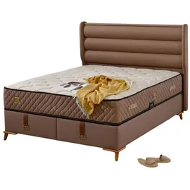 aea Hochwertiges braunes Holz-Textil Bett mit Matratze im eleganten Stil