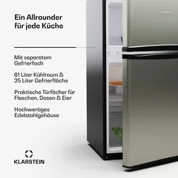 Klarstein Big Daddy Cool Kühl-Gefrierkombination 61/25 Liter 2 Ebenen Edelstahl Silber