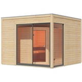 Karibu Design Saunahaus Terning 1 mit Vorraum - 38 mm naturbelassen Set B (Sauna B 2,25 x T 1,9 m mit 3 Liegen 57/52 cm) Ohne Ofen