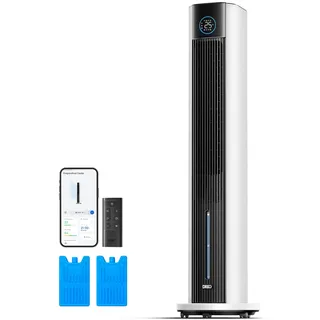 Dreo Turmventilator mit Wasserkühlung, 43” Luftkühler mit Wasserkühlung Leise, 4-Geschwindigkeiten-4-Modi Verdunstungskühler, APP-Steuerung, Eisbeutel, 85° Oszillation, 12-Std. Timer, weiß