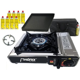 phönix handels gmbh Phönix PC-20 Edelstahl Camping Gaskocher + Grillplatte + 8x Kartuschen