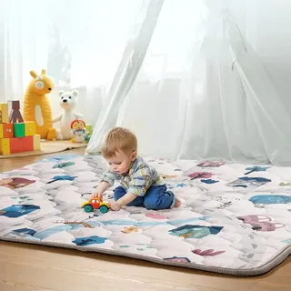 Faltbare Baby-Spielmatte 200×180 cm, weich & rutschfest, dicks gepolstert aus Baumwolle - Krabbelmatte für Kleinkinder, Beige, mit Tiermotiven (G... - Grau
