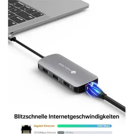 NOVOO USB-C-Hub, 7 in 1, Adapter USB C auf HDMI, 4 K, USB-C-Hub mit Ethernet, 4 x USB, 100 W PD Ladeanschluss, Mulitport Dock USB C Adapter kompatibel mit MacBook Pro MacBook Air