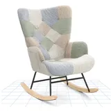 FLEXISPOT Schaukelstuhl mit Hoher Rückenlehne & Fußstütze, Relaxsessel, Schaukelsessel (Moderner Schwingsessel mit Holzkufen, mit Seitentasche), Gepolsterter Relaxsessel für Wohnzimmer & Schlafzimmer beige|grün