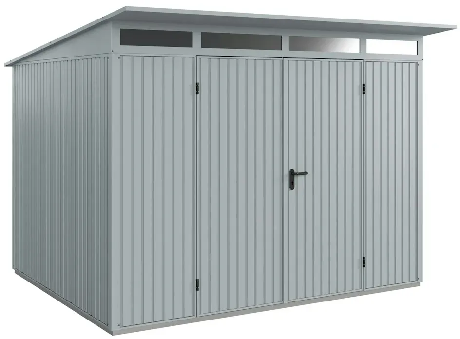 Hörmann Metall-Gerätehaus Berry mit Pultdach B 302 x T 238 cm (Typ 3), Motiv Classic (mit schmalen Lamellen), Doppeltür, Fenstergrau (RAL 7040)