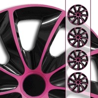 (Farbe & Größe wählbar) 14 Zoll Radkappen, Radzierblenden Quad Bicolor (Schwarz/Pink) passend für Fast alle Fahrzeugtypen (universal)