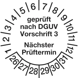 Prüfplakette ab 26, DGUV Vorschrift 3 Nächster Prüftermin, Jahresfarben, Folie - Bogen = 10 Plaketten - 20 mm Folie selbstklebend