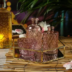 Deko Tablett mit 2 Mini Blumenvasen und Teelichthalter - mit Goldrand - Glas - gold/rosa