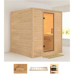 Sauna KARIBU "Menja", beige (naturbelassen), ohne Ofen, (ohne Ofen), Saunen, ohne Ofen