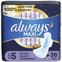 Always Maxi Feminine Pads für Damen, Größe 5, extra schwere Saugfähigkeit über Nacht, mit Flügeln, geruchlos, 36 Stück