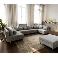 DELIFE Wohnlandschaft Clovis, XL Hellgrau Strukturstoff mit Hocker Wohnlandschaft grau 400 cm x 67 cm x 185 cm