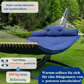 Potenza Outdoor Hängematte mit Gestell für 2 Personen I Atlanta Stabhängematte XXL 210x140 cm 200kg I Tyatn Hängemattengestell 350kg Wetterfest