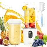 Tragbarer Mixer Smoothie Maker, 500 ml Mixer Smoothie Maker to Go mit Digitalanzeige, 16-Blatt Mixer to Go Elektrisch mit Reinigungsbürste, Wiederaufladbarem Smoothiemaker für Reisen, Weiß