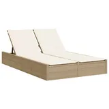 vidaXL Doppel-Sonnenliege mit Auflagen Beige Poly Rattan