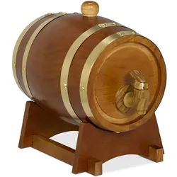 Relaxdays Whiskyfass, 1,25 l, Holz, Schnapsfass mit Bock & Zapfhahn, für Wein, Spirituosen, Deko Holzfass, dunkelbraun