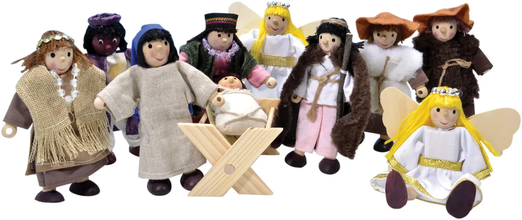 Krippenfiguren-Set aus Holz und Stoff 11-teilig 12,5 cm für Kinder - biegsame Figuren, Maria, Josef, Krippe, ab 3 Jahren - Winzling