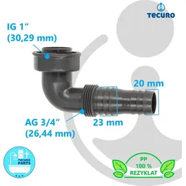 tecuro 90° Geräteanschlusstülle 1 Zoll ÜWM x Tülle 19-23 mm oder 3/4 Zoll AG, extra lang, für Spülensiphon, REZYKLAT