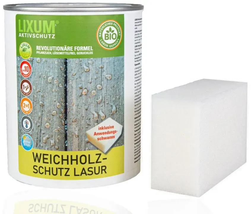 LIXUM Biologischer Holzschutz  Weichholzschutz - Douglasie, inkl. Zubehör: Schwamm, Gebindegröße: 1000 ml   ( ca.30m2 ), Farbe: Orange