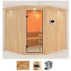Karibu Sauna Marit, BxTxH: 245 x 210 x 202 cm, 68 mm, (Set) 9-kW-Bio-Ofen mit externer Steuerung beige