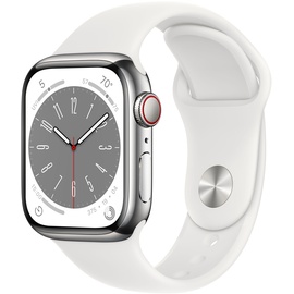 Apple Watch Series 8 GPS + Cellular 41 mm Edelstahlgehäuse silber, Sportarmband weiß