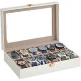 SONGMICS Uhrenbox mit 12 Fächern, Uhrenbox, Schatulle, Glasdeckel, abnehmbare Polster, Schloss aus Metall, Beschichtung in Wolkenweiß und Futter in Cappuccino-Beige JWB120W01