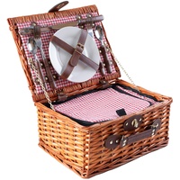 eGenuss Handgefertigtes Picknickkorb für 2 Personen – Kühlfach, Multifunktionsmesser, Edelstahlbesteck, Teller und Weingläser inklusive - Rotes Gingha