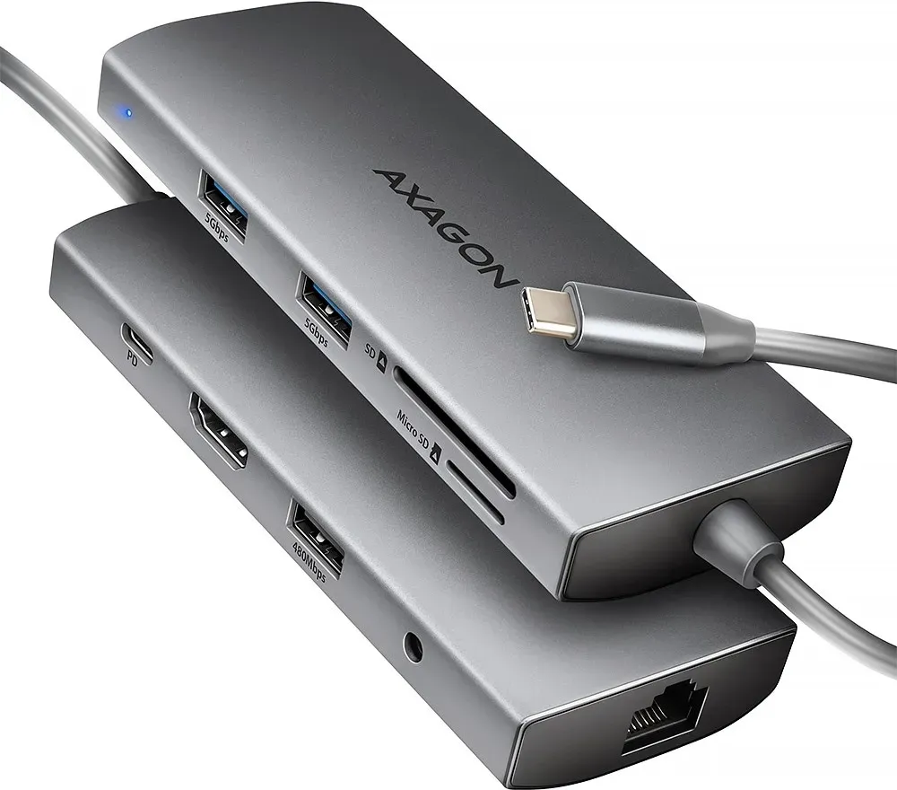 Axagon HMC-8HLSA Wieloportowy hub USB-C 3.2 Gen 1 hub, 3x USB-A + 4K/30Hz HDMI + SD/microSD, GLAN, Audio (USB C), Dockingstation + USB Hub, Grau