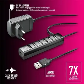 ngs IHUB7 Tiny USB 2.0 Hub 7 Ports mit Power Adapter 5V/1A, universell kompatibel, Plug and Play