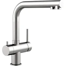 Kurze Variante - 3 Wege Wasserhahn Küchenarmatur, Edelstahl Massiv mit 360° schwenkbarem L-Auslauf, Gebürstet