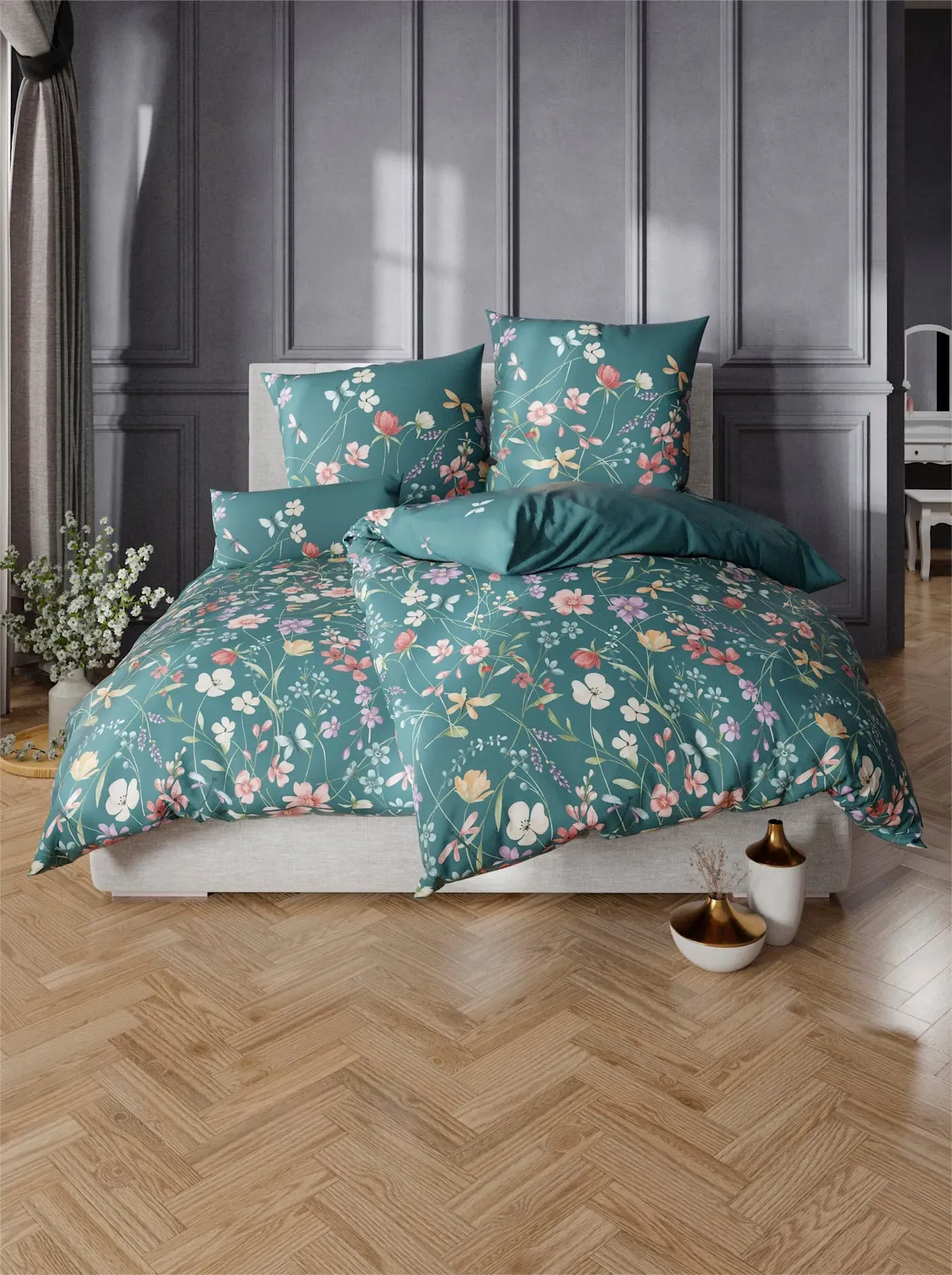 Bettwäsche BIERBAUM Gr. 5, petrol, rostrot, bedruckt, B/L: 135cm x 200cm, Mako-Satin, B/L: 40cm x 80cm, 2 tlg., Mako-Satin, 100% Baumwolle, Bettwäsche, Bettwäsche
