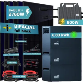 sunniva Balkonkraftwerk Full Black Bifazial 2760 W inkl. 6,03 kWh Speicher + 6 x 500 W Glas-Glas Bifacial Module