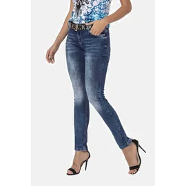 Cipo & Baxx Jeans Damen, Gr. 28, Länge 34, blau, 98% Baumwolle, 2% Elasthan, unifarben, slim fit lang, Jeans Slim-fit-Jeans, Mit cooler Used-Waschung, WD461