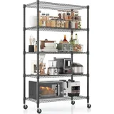 Fünfstöckiges Standregal mit Rollen, höhenverstellbares Schwerlastregal, 91x45x208 cm, Garagenregal, Lagerregal, Küchenregal, trägt mindestens... - Schwarz