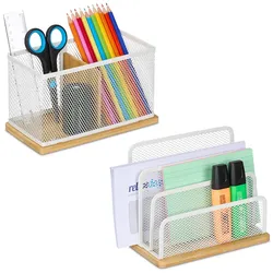 Relaxdays Schreibtisch Organizer Set 2-tlg., Metall, Briefständer & Stiftehalter, Büro-Organizer, Bambus, weiß/ natur