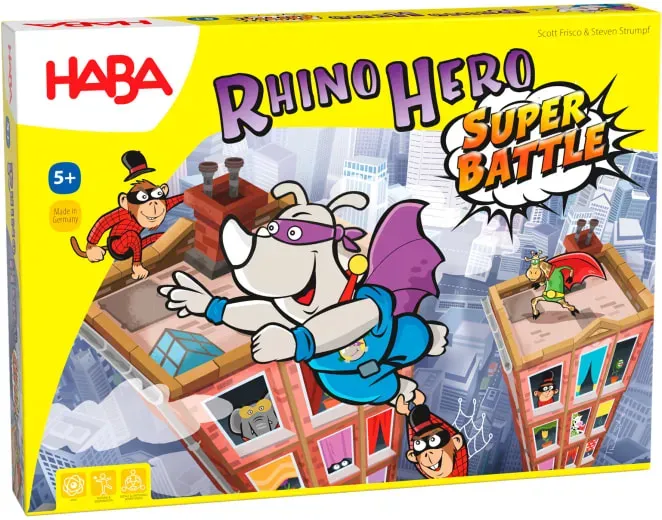 Haba Rhino Hero Super Battle Geschicklichkeitsspiel Kinder ab 5 Jahren mehrfarbig Karton - kurze Spieldauer, fördert Feinmotorik
