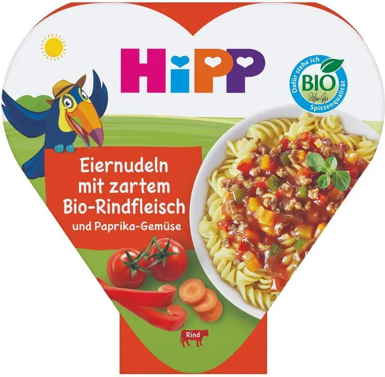 HiPP Kinder-Teller Eiernudeln mit zartem Bio Rindfleisch und Paprika Gemüse ab 12. Monat 250 g