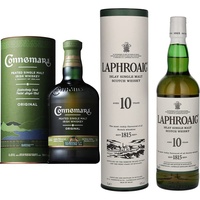 Connemara Original getorfter Single Malt Irish Whiskey, mit Geschenkverpackung, mit rauchigen Aromen, 40% Vol, 1 x 0,7l & Laphroaig 10 Jahre Islay Single Malt Scotch Whisky, 40% Vol, 1 x 0,7l