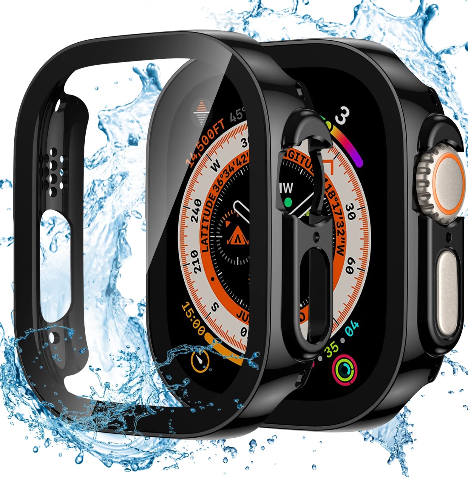 Dirrelo 2 Stück Schutzhülle für Apple Watch Ultra/Ultra 2 49mm Hülle mit Panzerglas Displayschutz, Wasserdicht Hart PC Flache Kante Case, Hochempfindliche Schutzfolie für iWatch Ultra, 2Schwarz